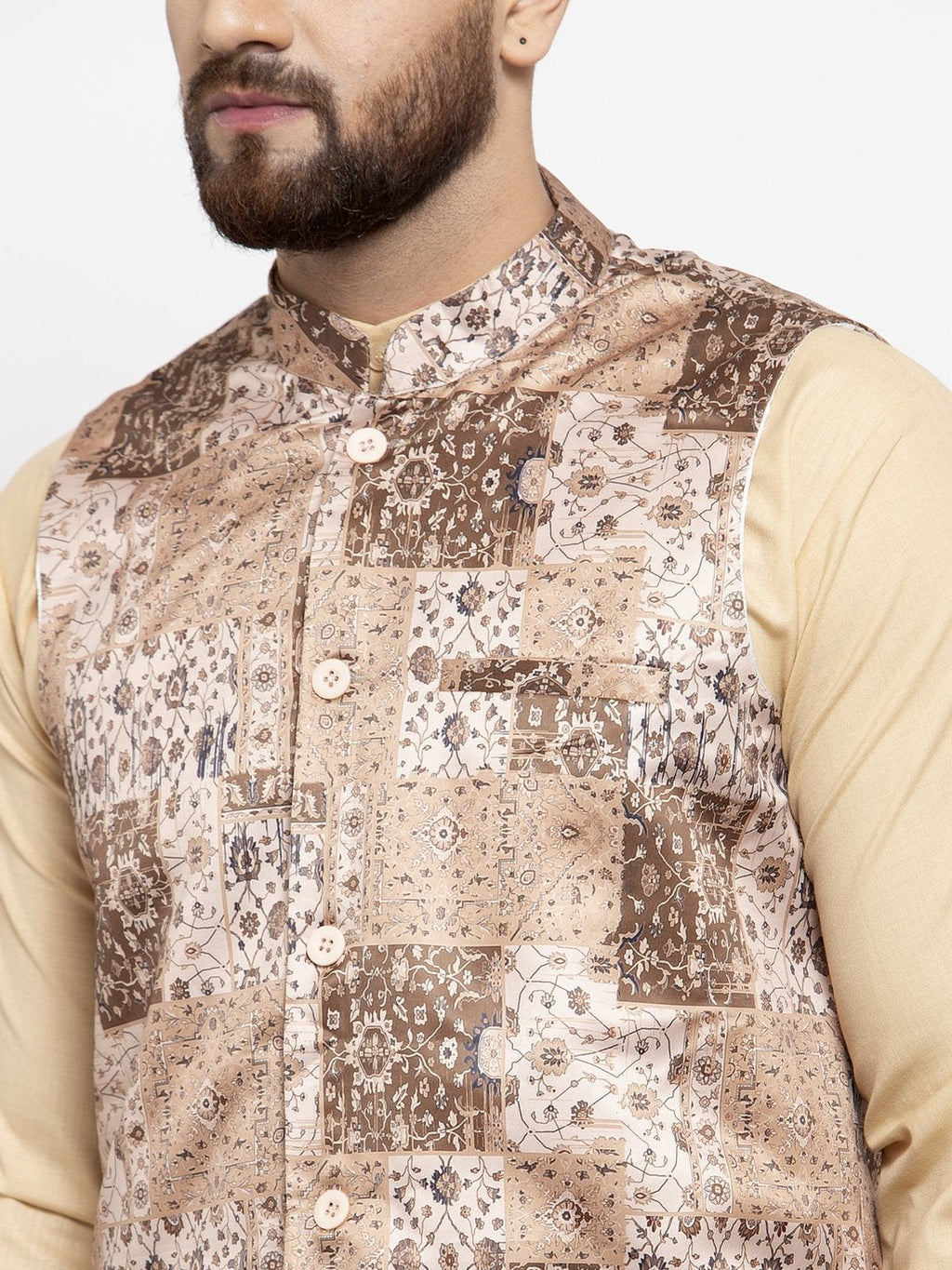Jompers Men's Beige Printed Satin Nehru Jacket (JOWC-4007) Beige