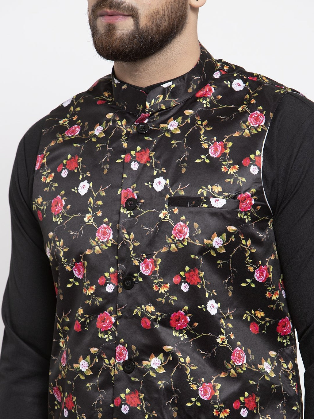 Jompers Men Black Printed Satin Nehru Jacket