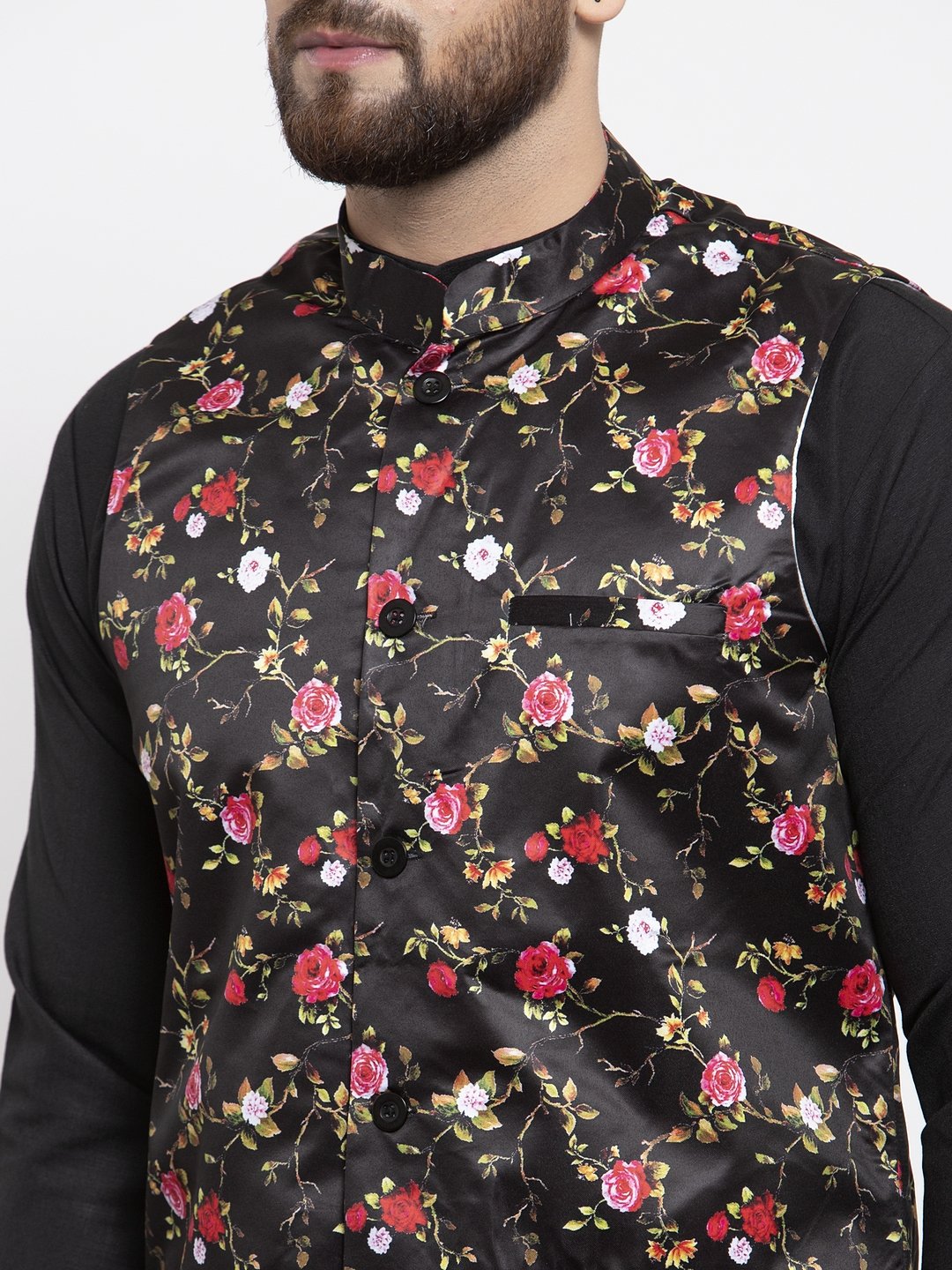 Jompers Men Black Printed Satin Nehru Jacket