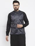 Jompers Men Charcoal Grey Printed Satin Nehru Jacket