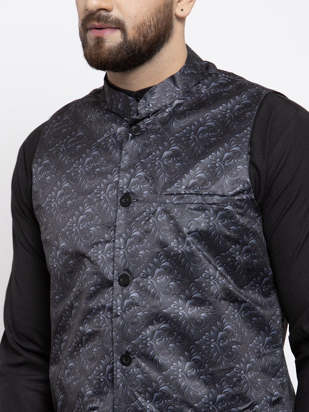Jompers Men's Beautiful Grey Printed Nehru Jacket
