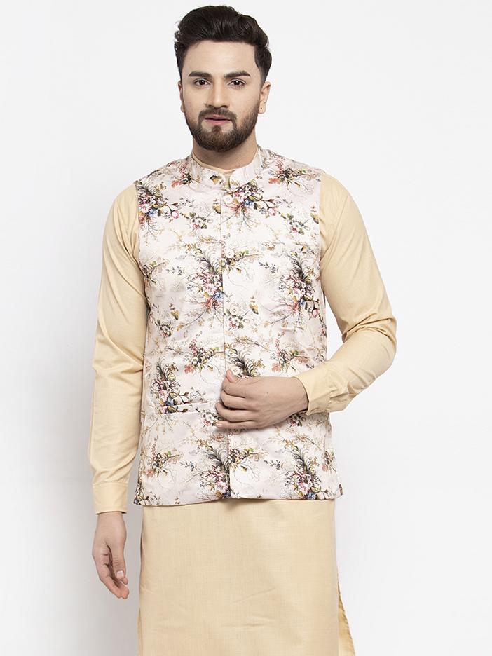Jompers Men Cream Printed Satin Nehru Jacket