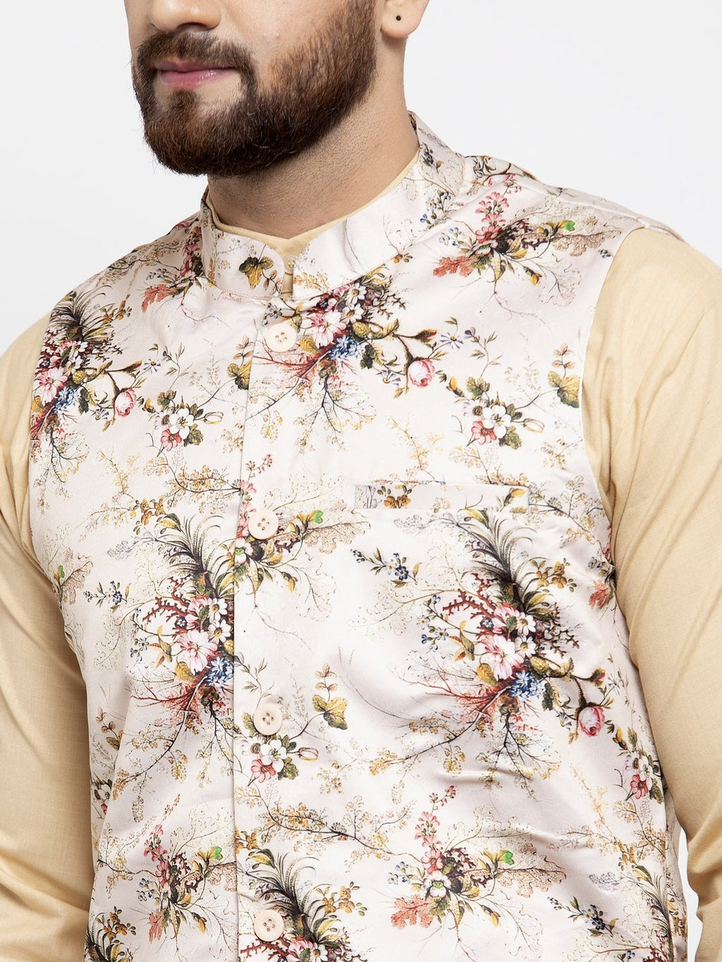 Jompers Men Cream Printed Satin Nehru Jacket