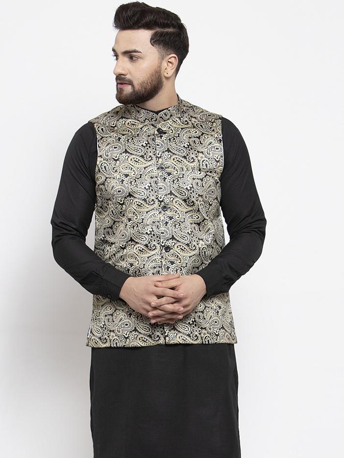 Jompers Men Golden Printed Satin Nehru Jacket