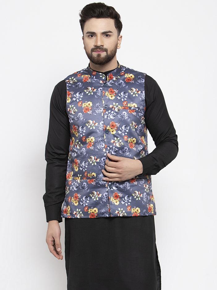 Jompers Men Grey Printed Satin Nehru Jacket