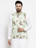 Jompers Men Lime-Green Printed Satin Nehru Jacket