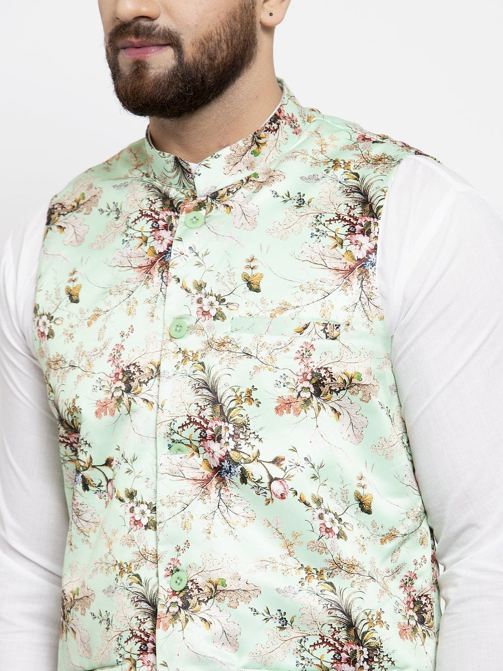 Jompers Men Lime-Green Printed Satin Nehru Jacket