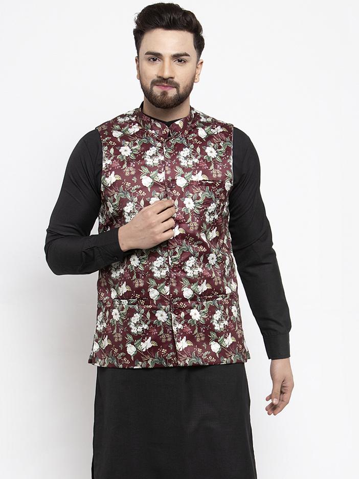 Jompers Men Maroon Printed Satin Nehru Jacket