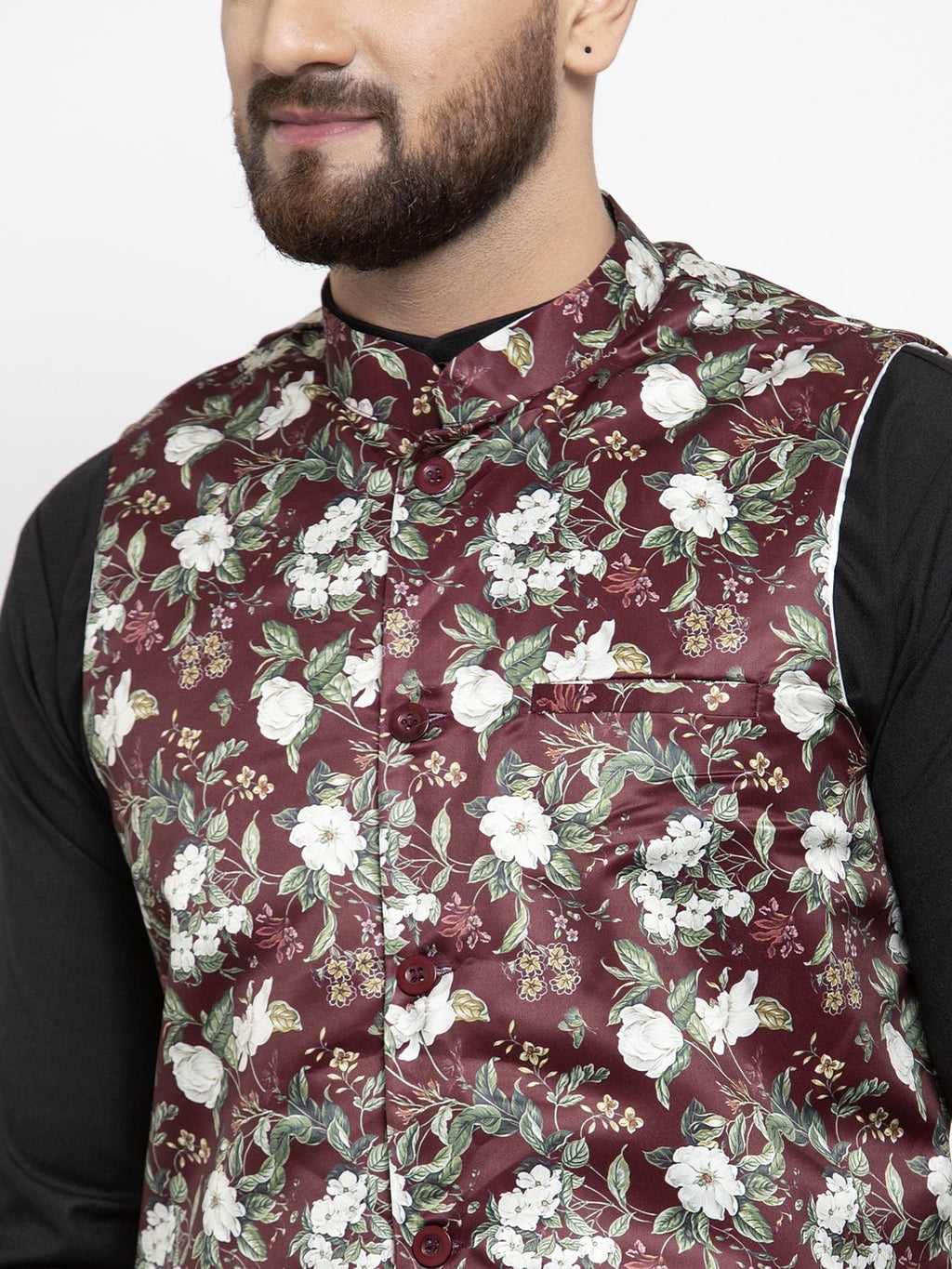 Jompers Men Maroon Printed Satin Nehru Jacket