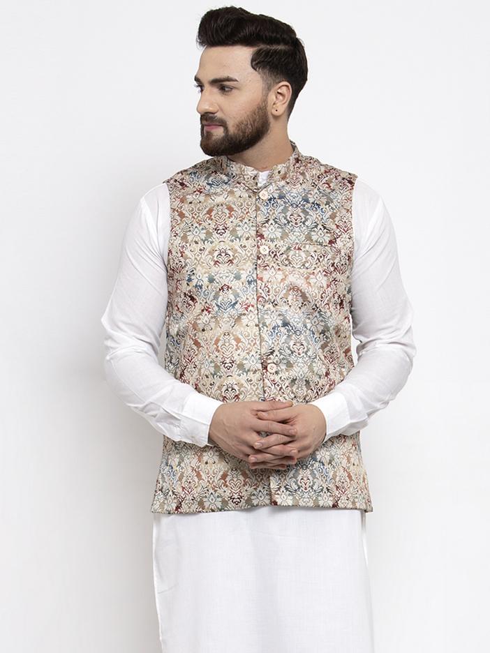 Jompers Men Multicolored Printed Satin Nehru Jacket