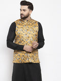 Jompers Men Mustard Printed Satin Nehru Jacket