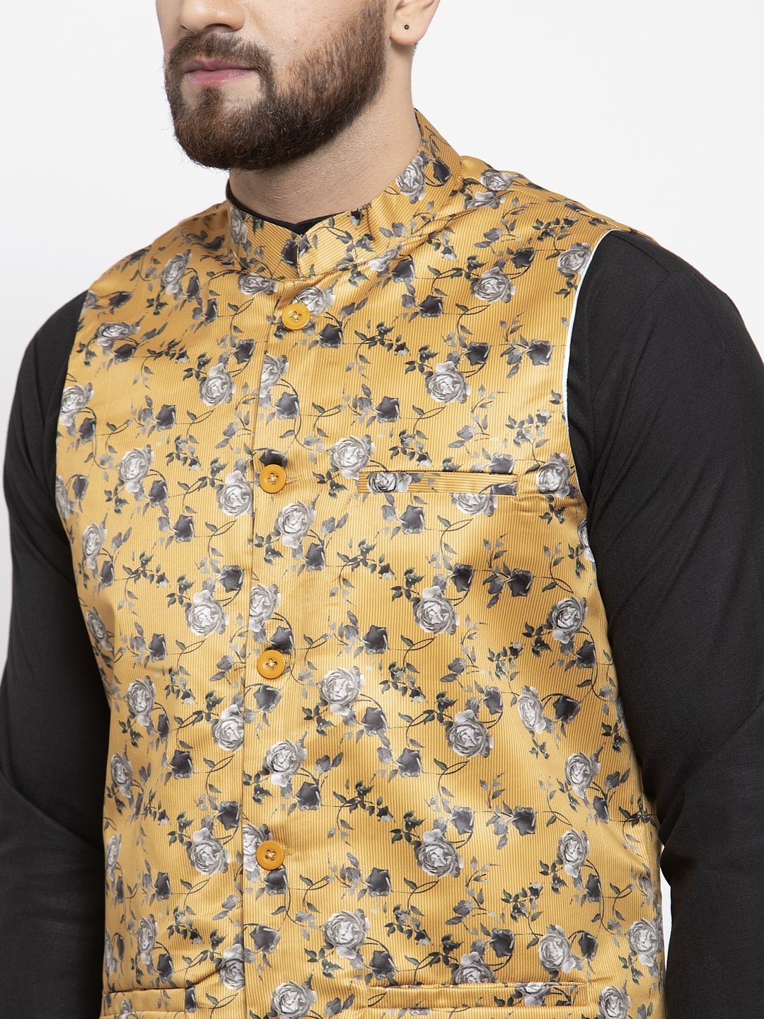 Jompers Men Mustard Printed Satin Nehru Jacket