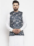 Jompers Men Navy-Blue Printed Satin Nehru Jacket