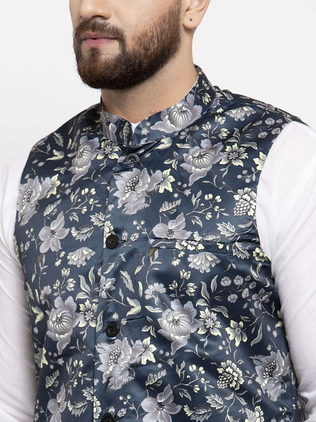 Jompers Men Navy-Blue Printed Satin Nehru Jacket