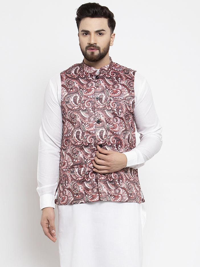 Jompers Men Pink Printed Satin Nehru Jacket