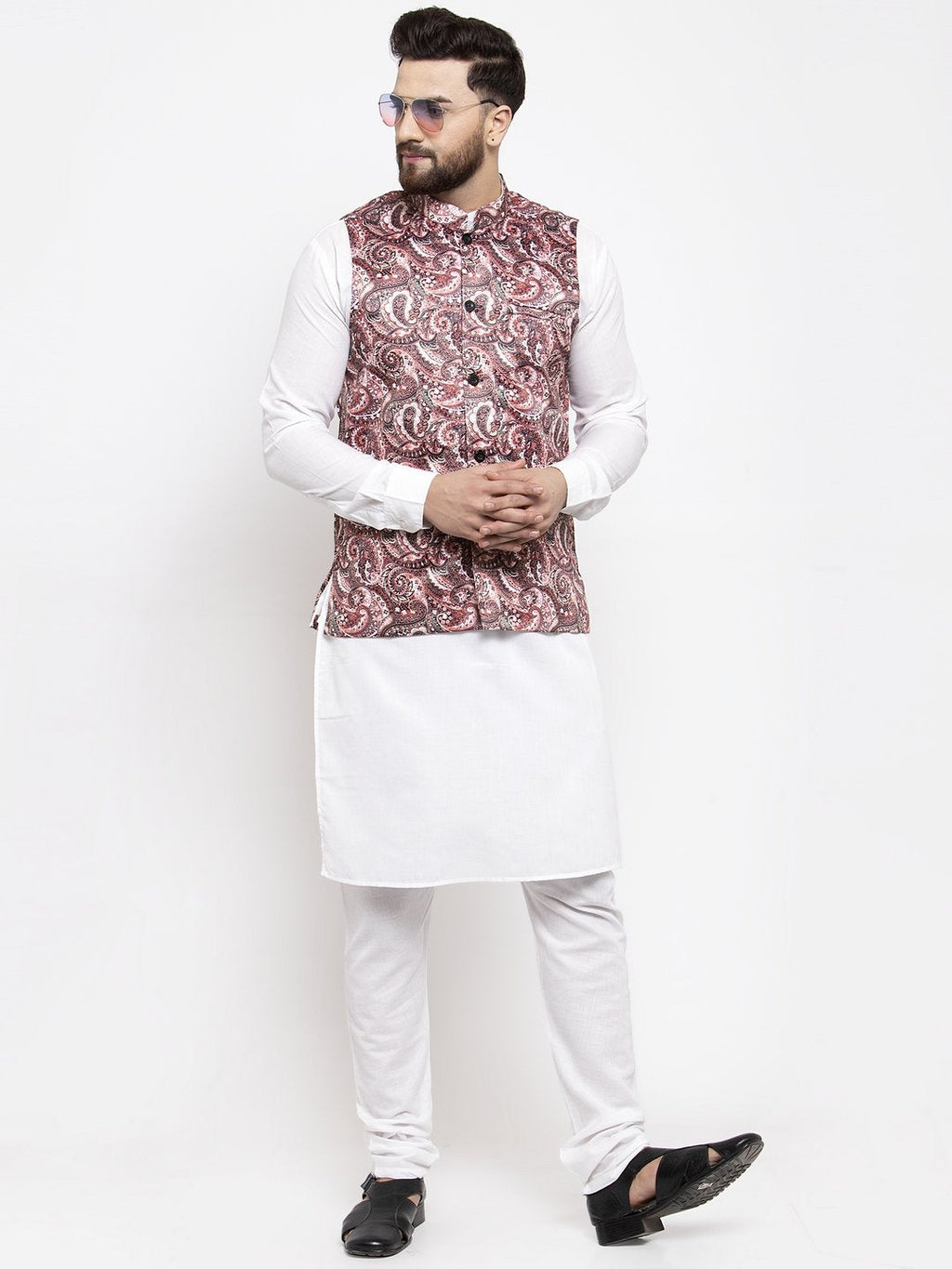 Jompers Men Pink Printed Satin Nehru Jacket