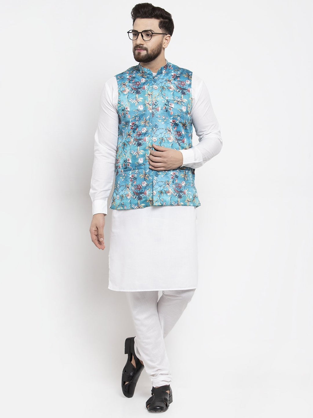 Jompers Men Sky-Blue Printed Satin Nehru Jacket