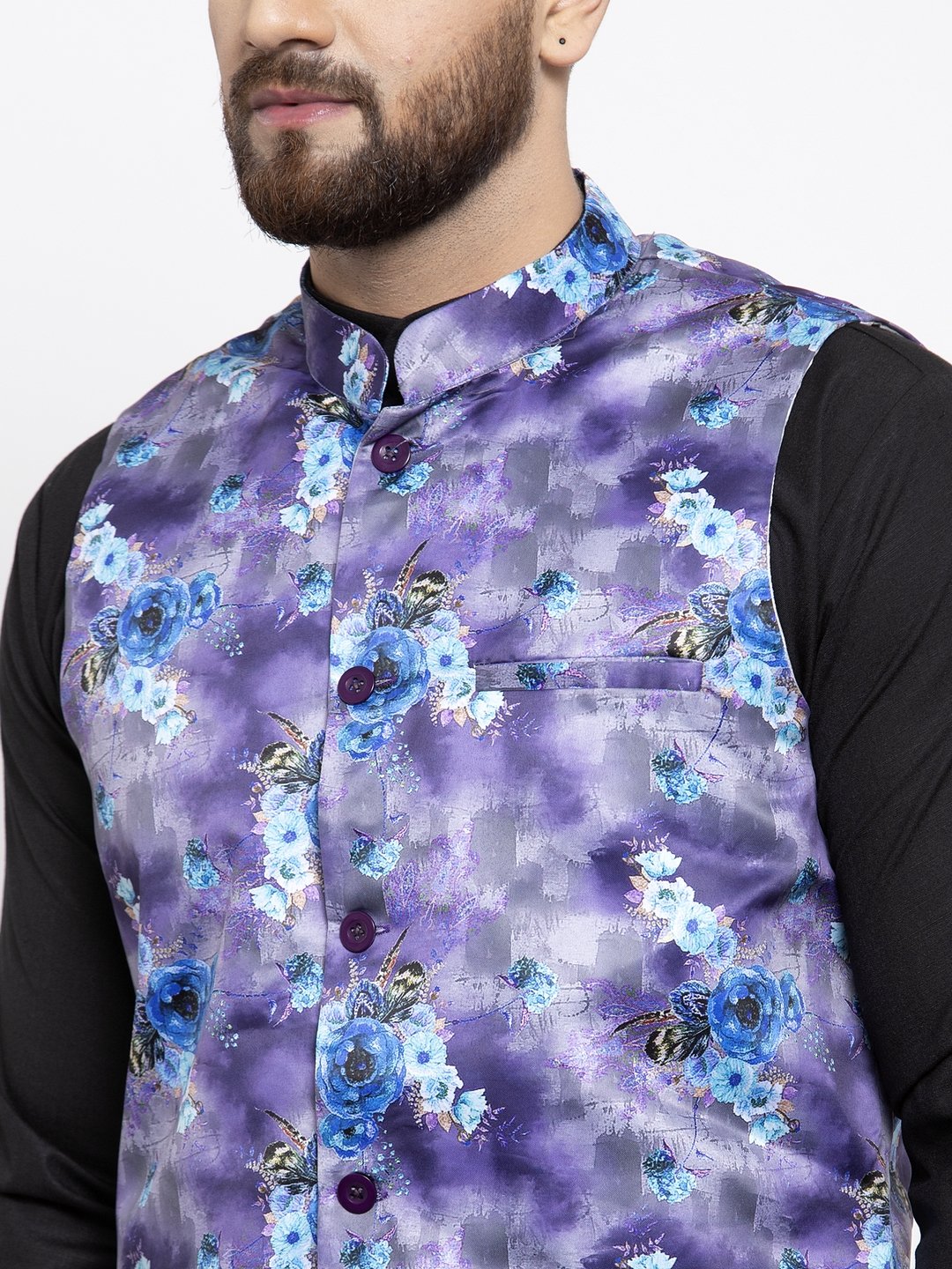 Jompers Men Violet Printed Satin Nehru Jacket