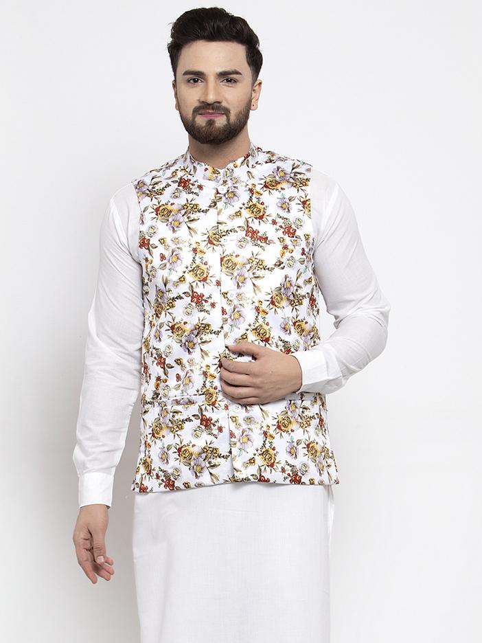 Jompers Men White Printed Satin Nehru Jacket