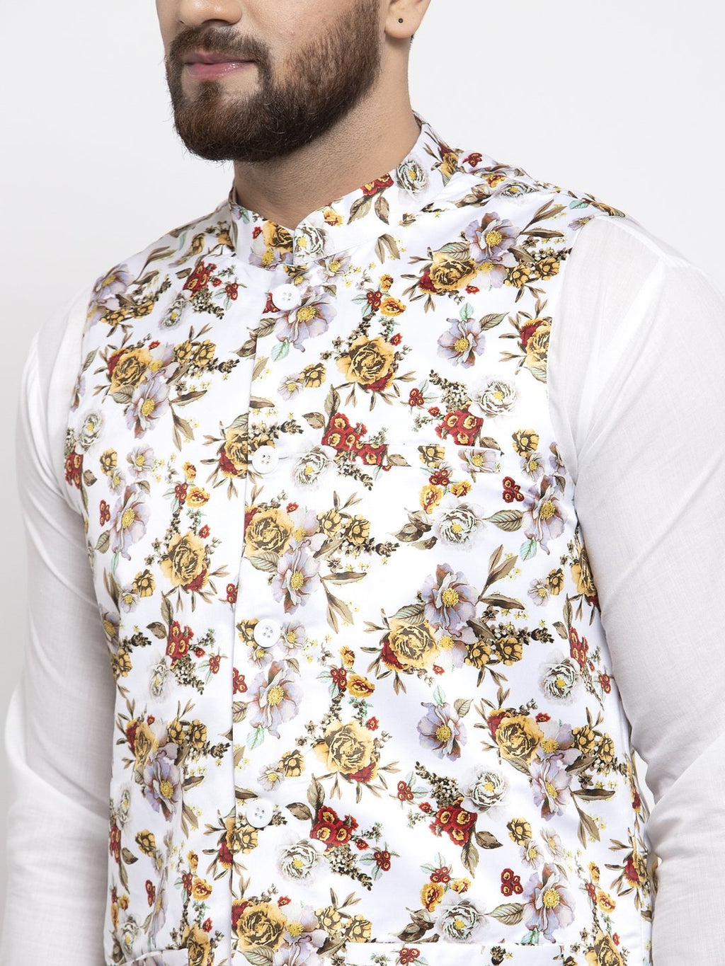 Jompers Men White Printed Satin Nehru Jacket