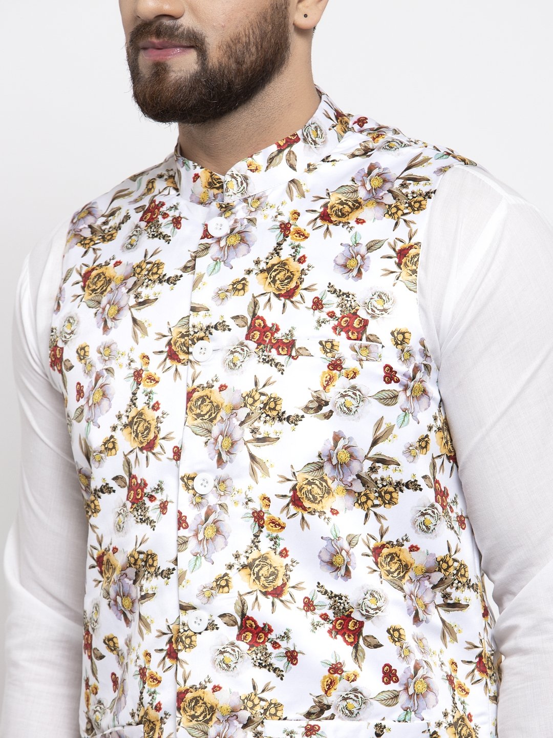 Jompers Men White Printed Satin Nehru Jacket