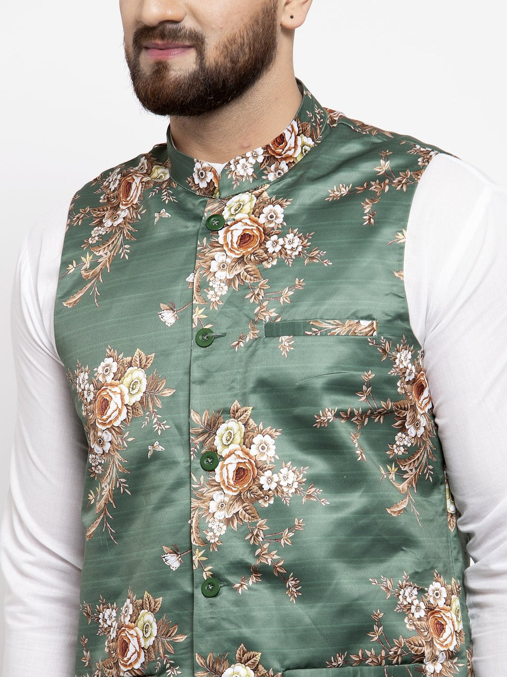Jompers Men Green & Brown Printed Satin Nehru Jacket