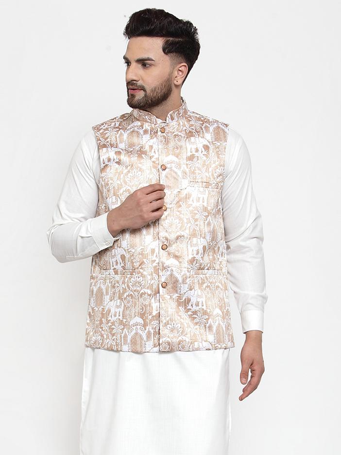 Jompers Men Beige Printed Satin Nehru Jacket