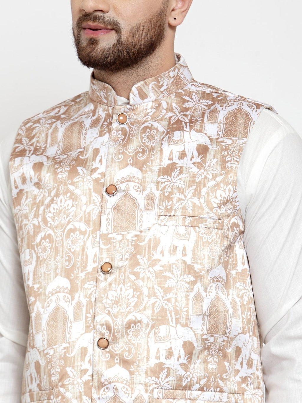 Jompers Men Beige Printed Satin Nehru Jacket