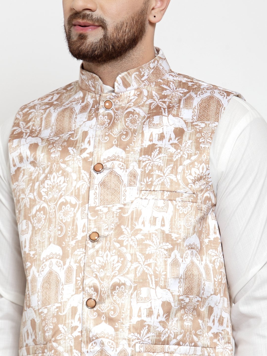 Jompers Men Beige Printed Satin Nehru Jacket
