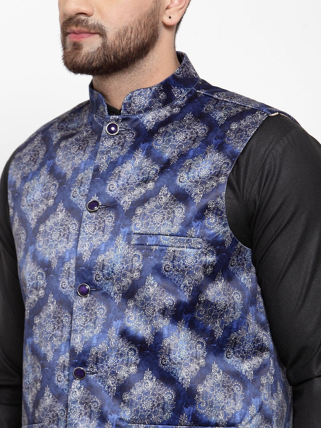 Jompers Men NavyBlue Printed Satin Nehru Jacket