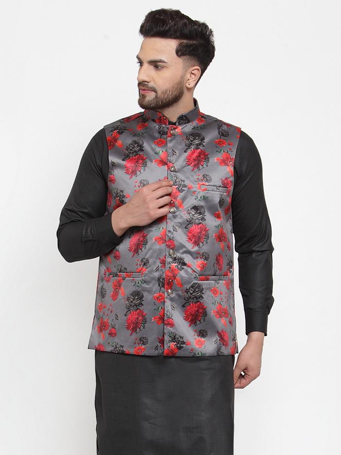 Jompers Men's Grey Printed Satin Nehru Jacket