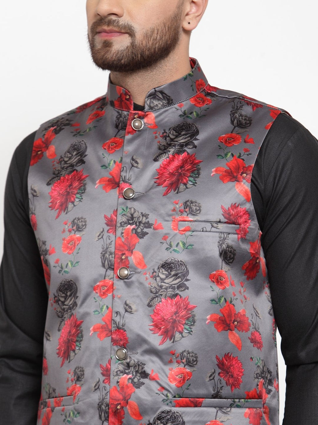 Jompers Men's Grey Printed Satin Nehru Jacket