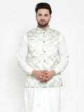 Jompers Men's Lime-Green Printed Satin Nehru Jacket