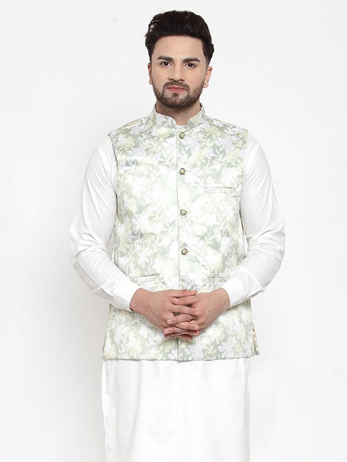 Jompers Men's Lime-Green Printed Satin Nehru Jacket