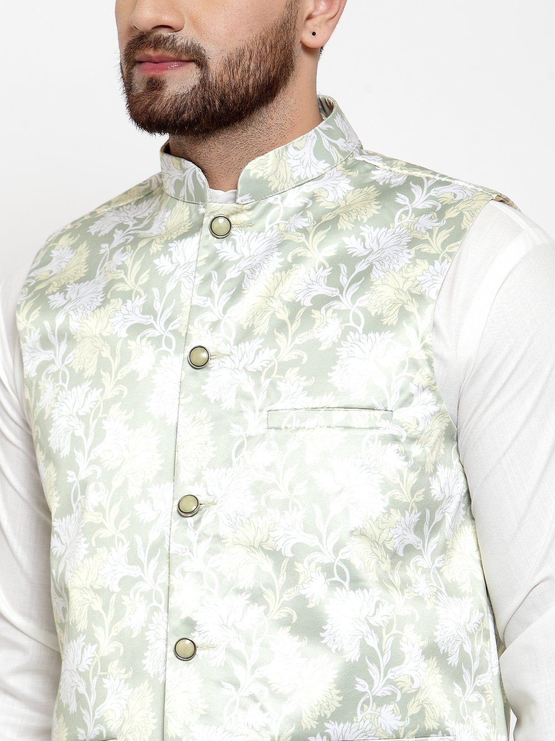 Jompers Men's Lime-Green Printed Satin Nehru Jacket