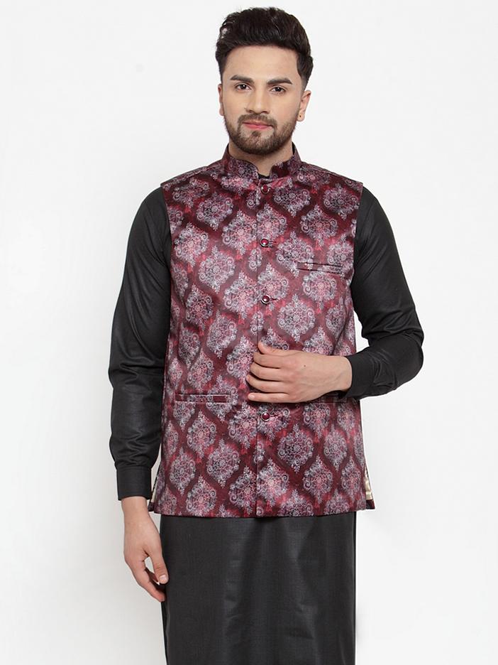 Jompers Men Printed Maroon Satin Nehru Jacket