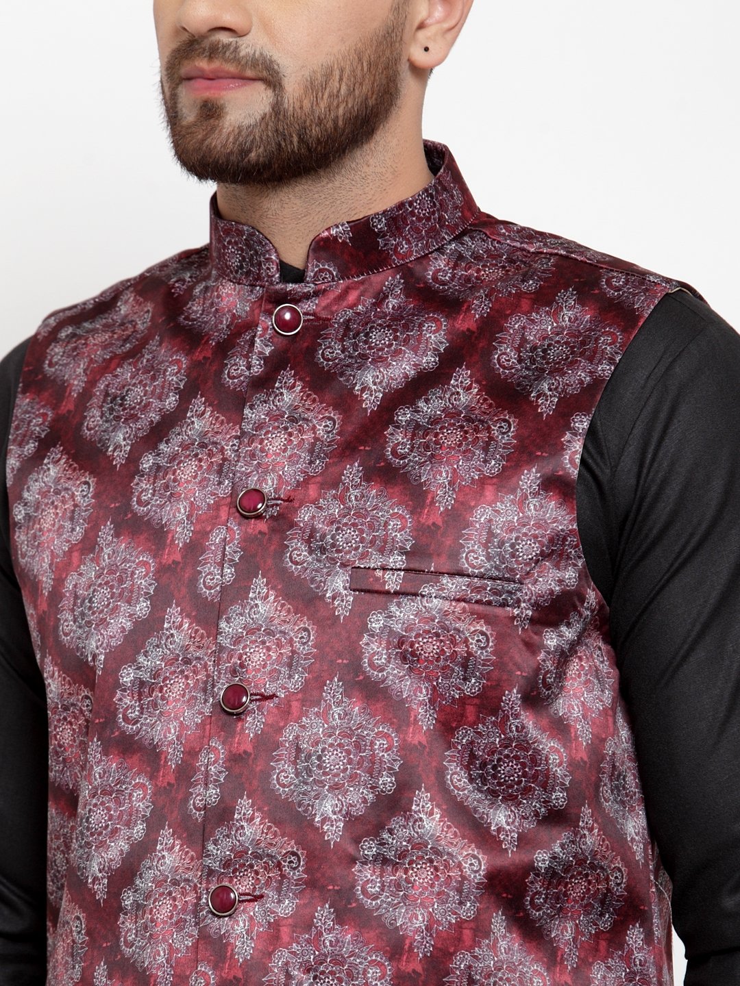 Jompers Men Printed Maroon Satin Nehru Jacket