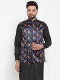 Jompers Men Navy-Blue Printed Satin Nehru Jacket
