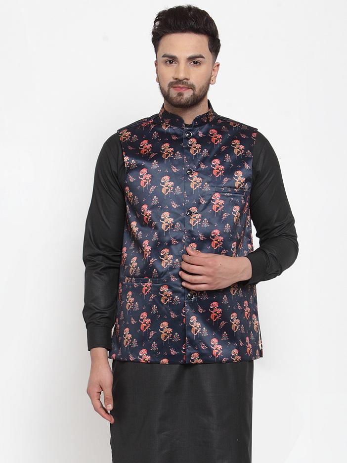 Jompers Men Navy-Blue Printed Satin Nehru Jacket
