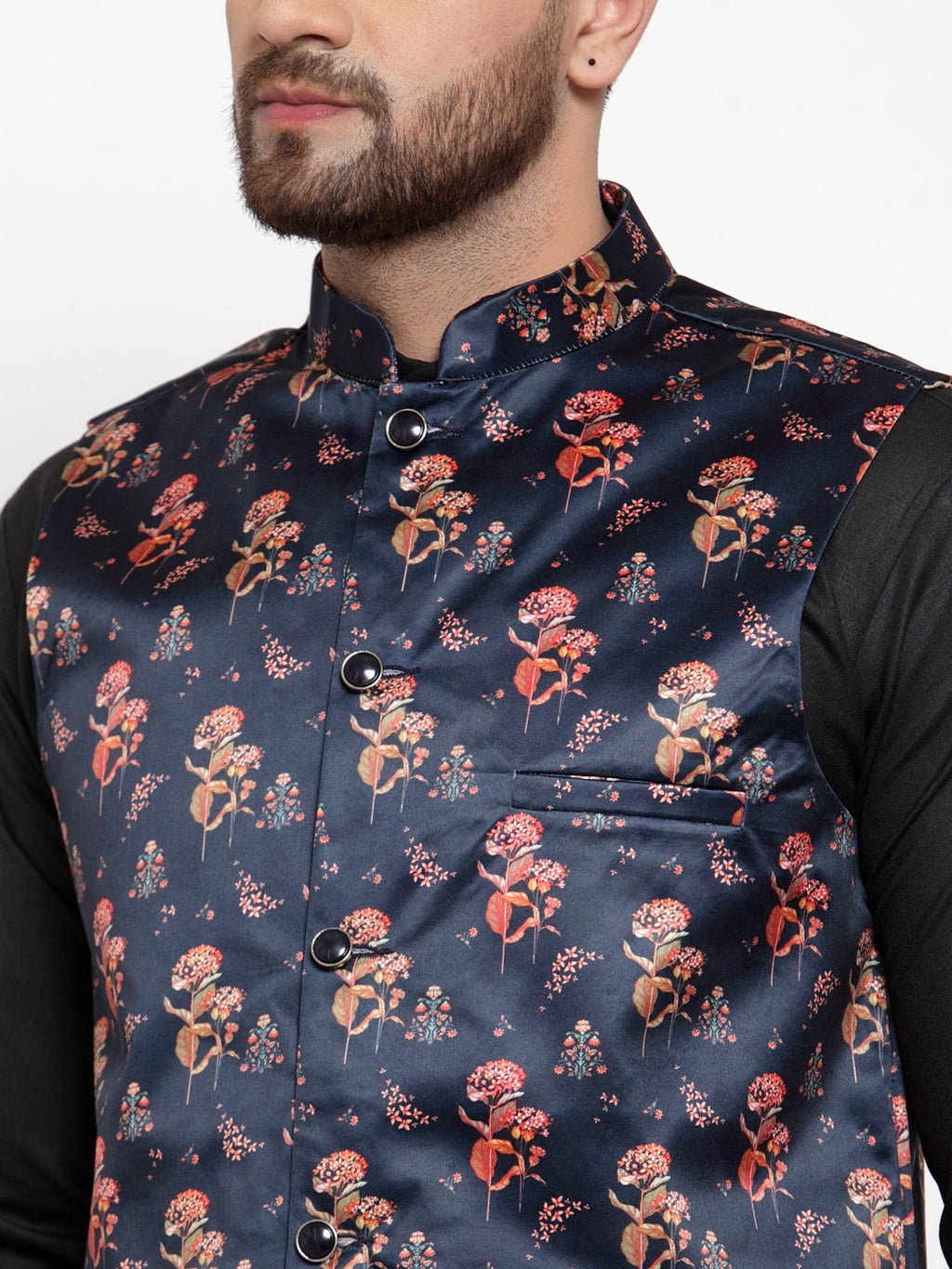 Jompers Men Navy-Blue Printed Satin Nehru Jacket
