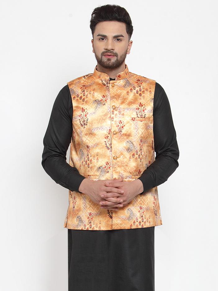 Jompers Men Orange Printed Satin Nehru Jacket