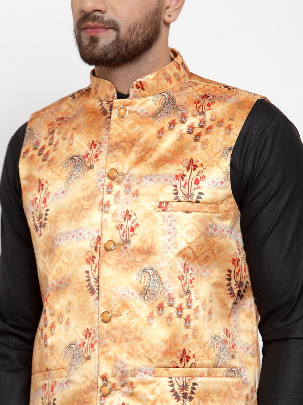 Jompers Men Orange Printed Satin Nehru Jacket