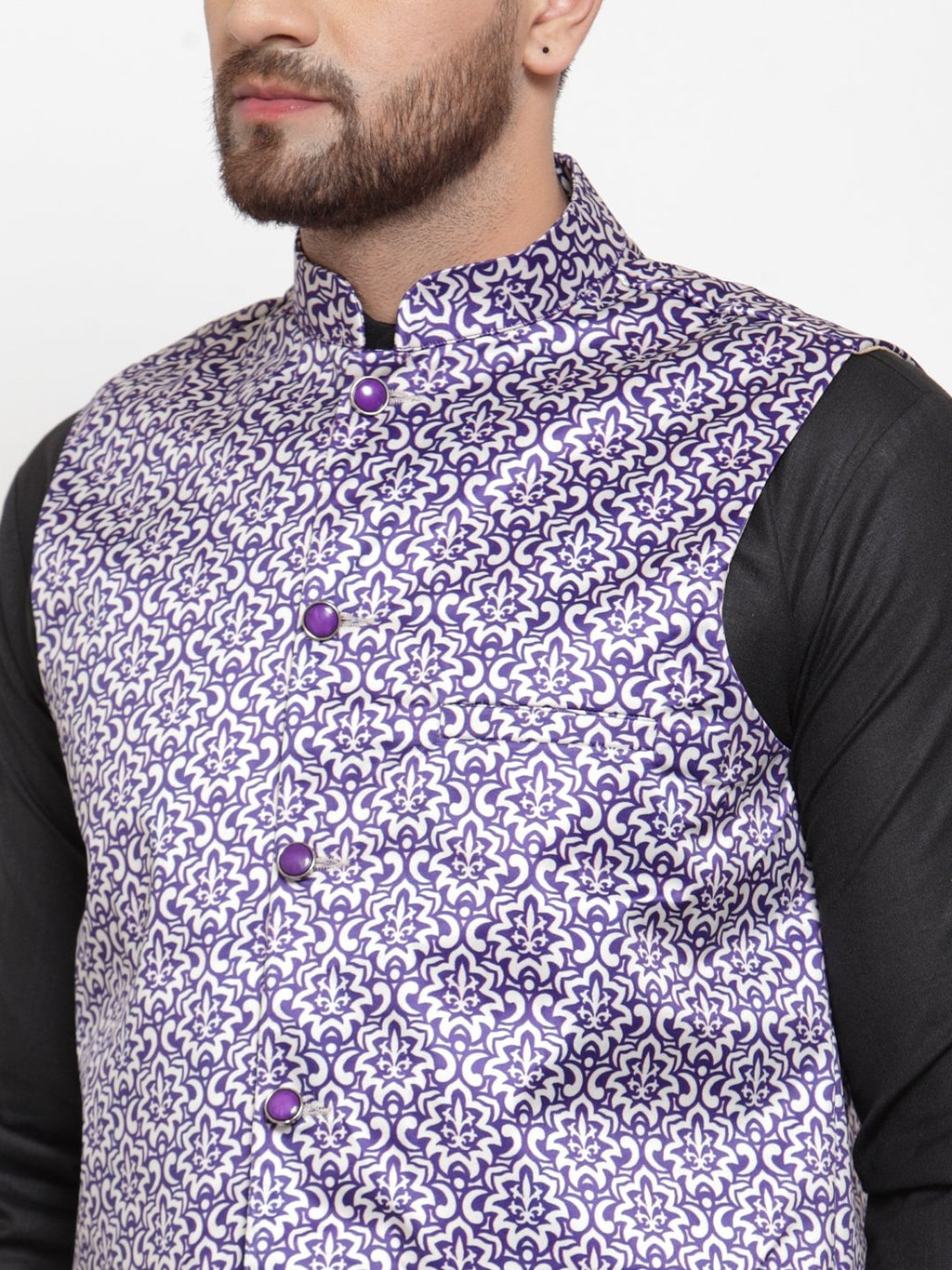Jompers Men Purple Printed Satin Nehru Jacket