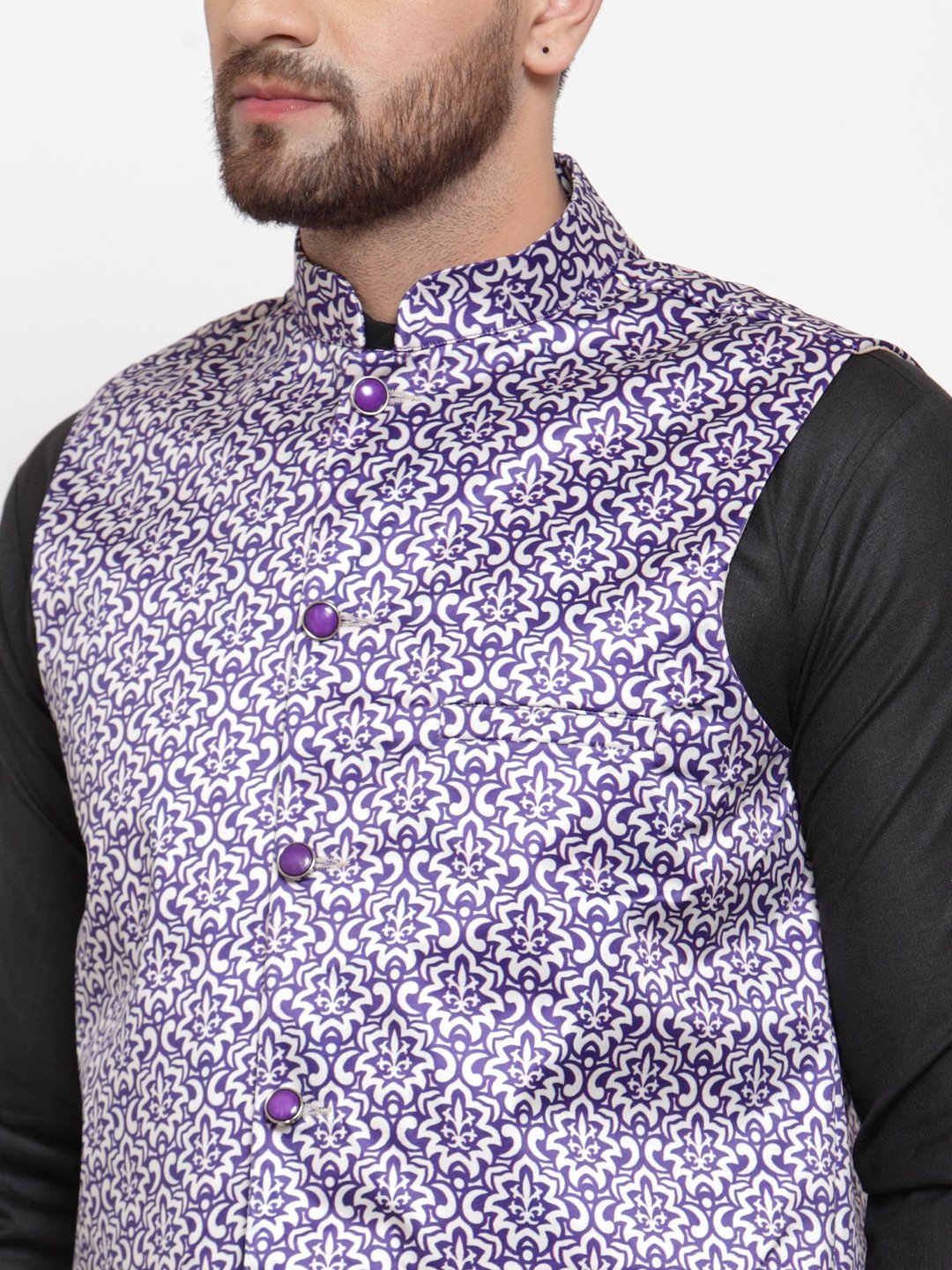 Jompers Men Purple Printed Satin Nehru Jacket