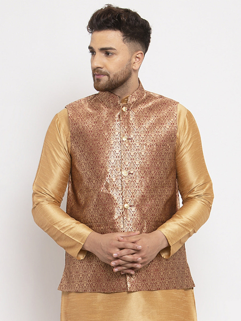 Jompers Men's Maroon Woven Nehru Jacket