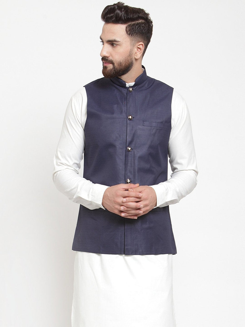 Jompers Men Navy-Blue Solid Nehru Jacket