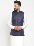 Jompers Men Navy-Blue Solid Nehru Jacket