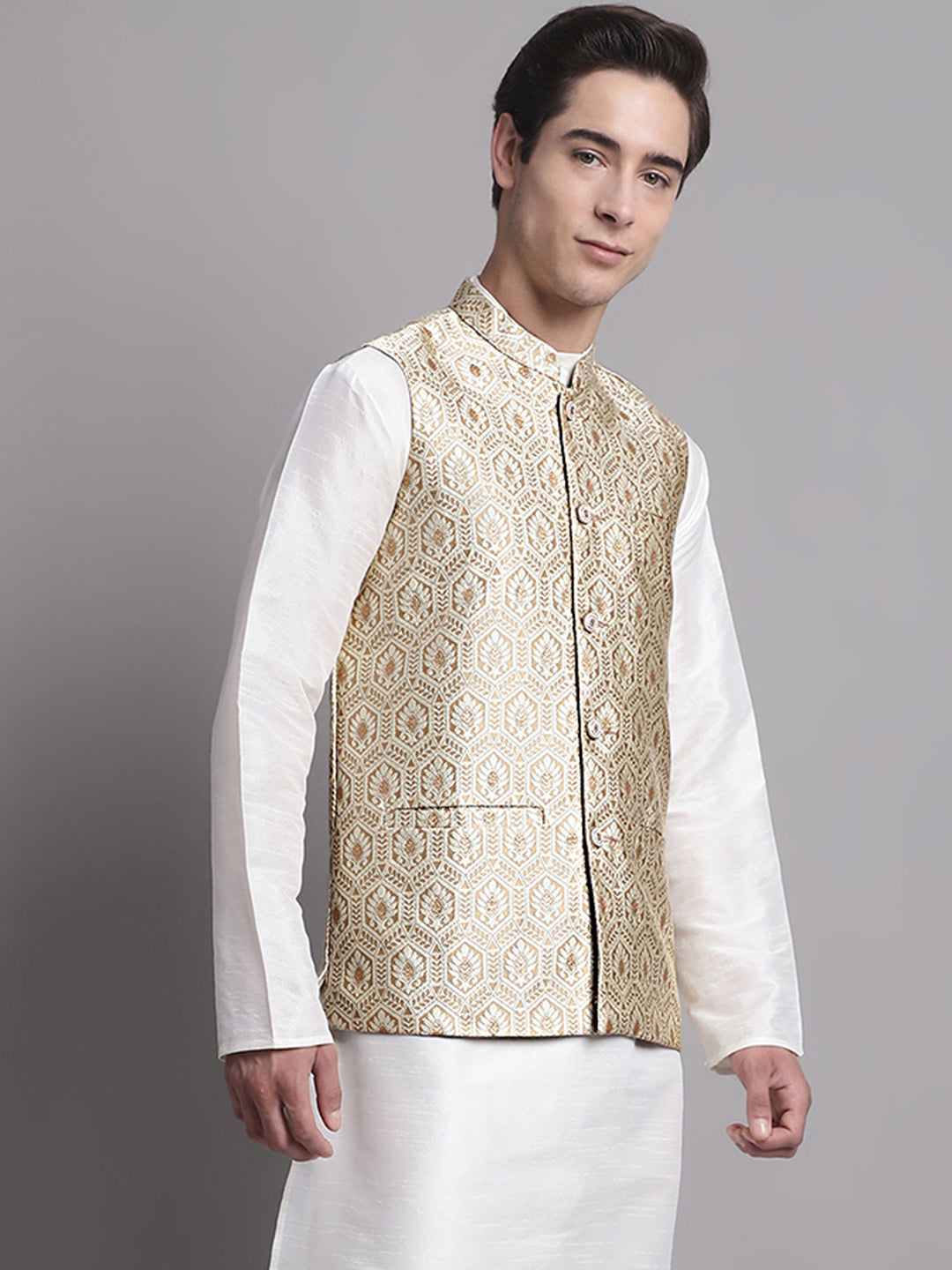 Jompers Men's Cream Woven Design Nehru Jacket
