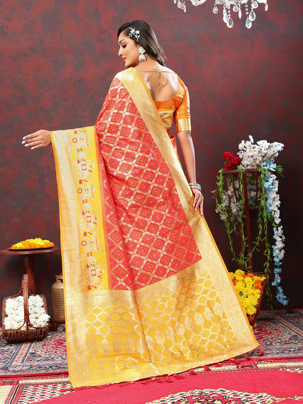 Lorenvalley Fashion Red & Yellow Patola Silk Woven Design Meenakari Weaving Saree