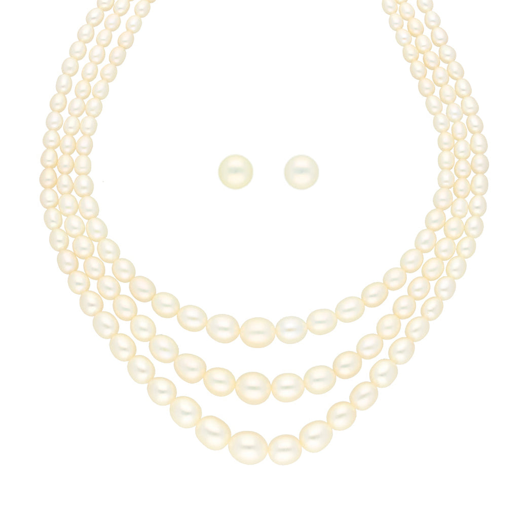 J Pearls 3 Lines Oval Pearl Necklace - Real Pearl Jewelry